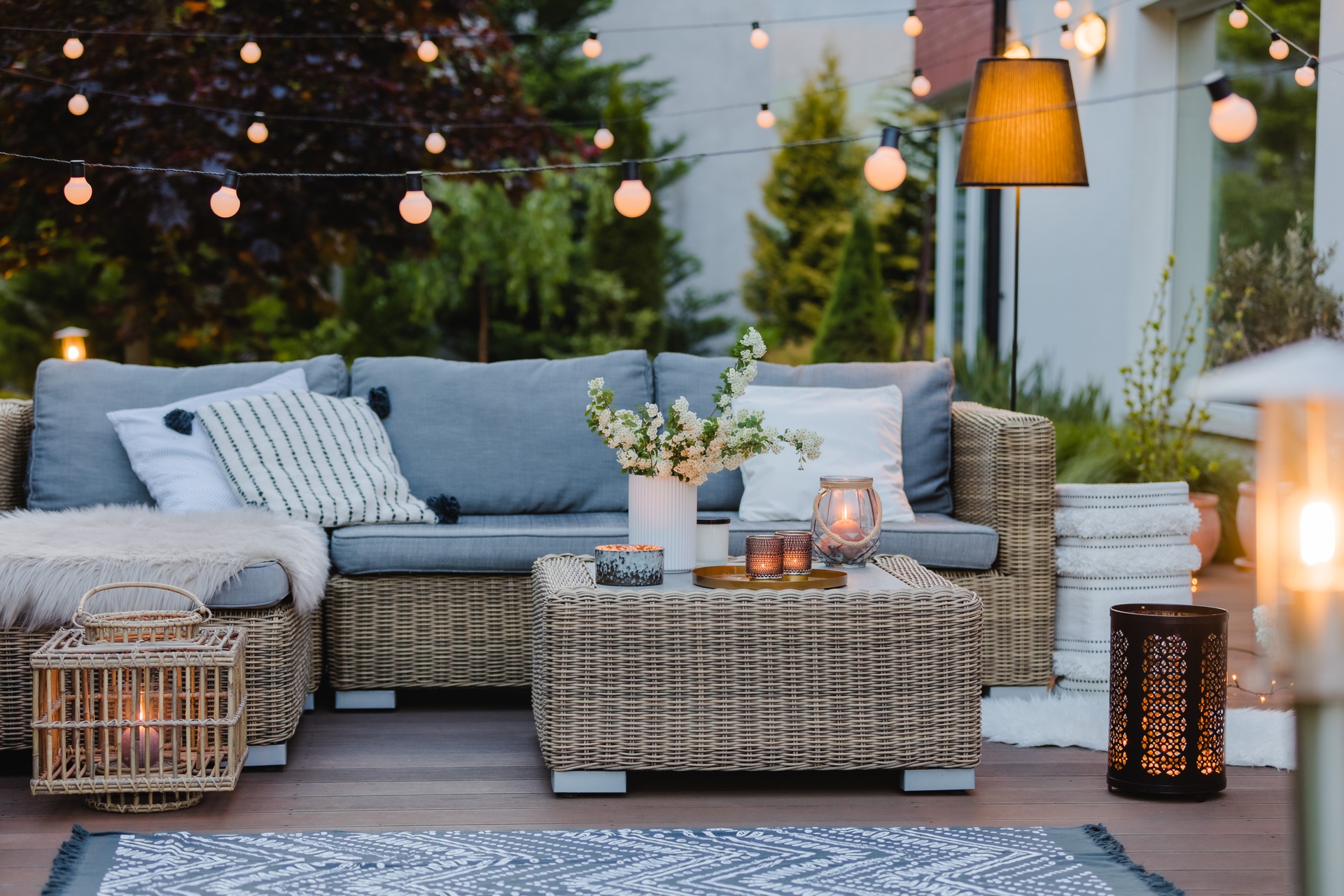 Luxury outdoor living terrace at dusk — Pacific Northwest