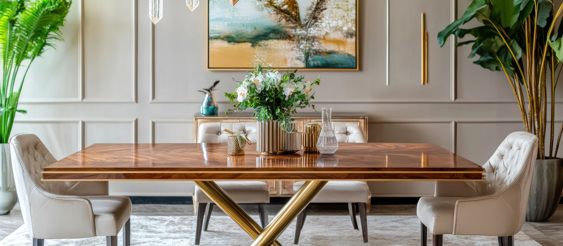 Luxury formal dining room with statement chandelier