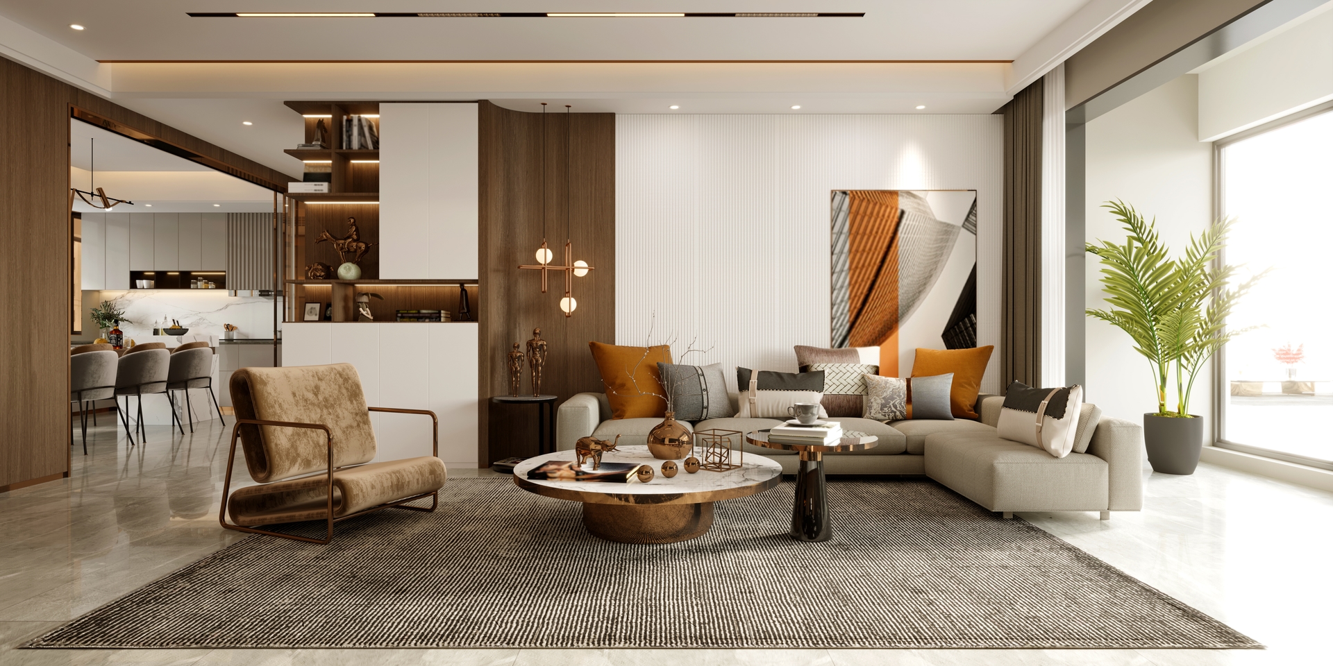 Warm modern luxury living room with curated furnishings and art