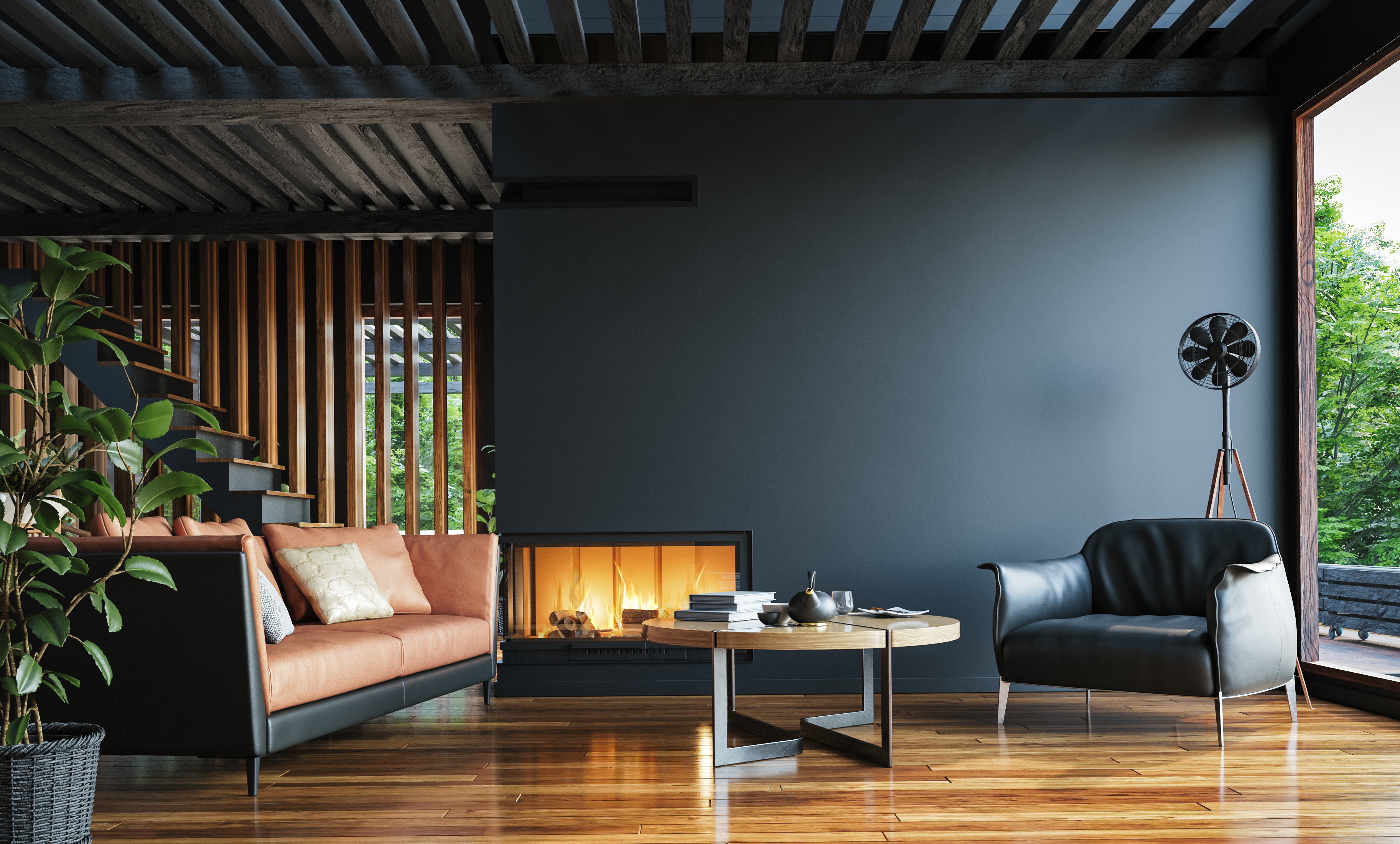 Ultra-luxury great room with fireplace and floor-to-ceiling glass in Clark County, Washington